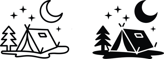 Black and white camping scene with tent trees moon and stars 1 © Frd Art
