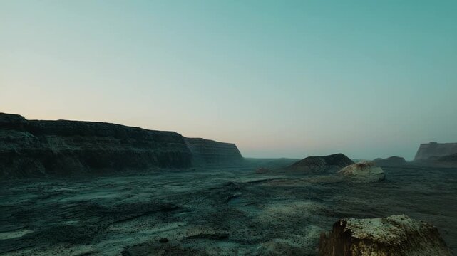 Alien landscape featuring eroded mesas and unique rock formations under a foggy, atmospheric sky, suggesting a desolate and mysterious environment of a distant planet or otherworldly realm
