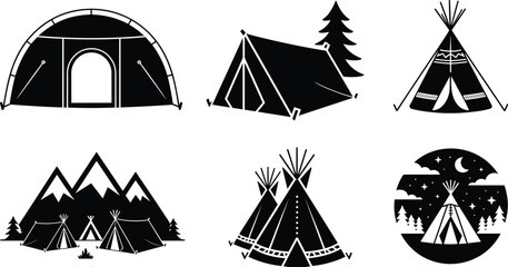 Black and white camping tents and teepees with mountain and night sky backgrounds mountains © Frd Art