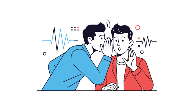 One man whispers a secret into the ear of another man who looks surprised with abstract icons and sound waves in the background.