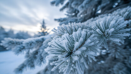 Macro view of pine tree branch covered in thick hoarfrost and glistening ice crystals against a soft blue winter sky. Beautiful snowy forest background.