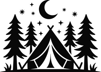 Black and white of a tent surrounded by tall pine trees under a crescent moon and stars night sky