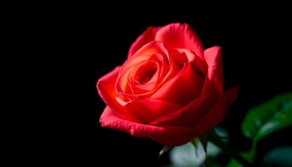 A vibrant red rose in full bloom captured from a close-up viewpoint against a dark background