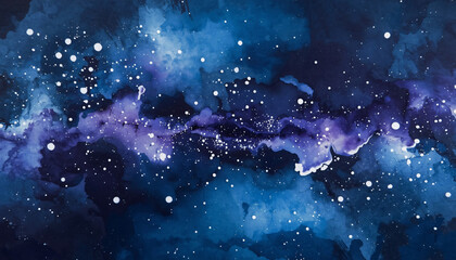 Fototapeta premium deep midnight blue watercolor galaxy with white gouache star splatters and nebula textures