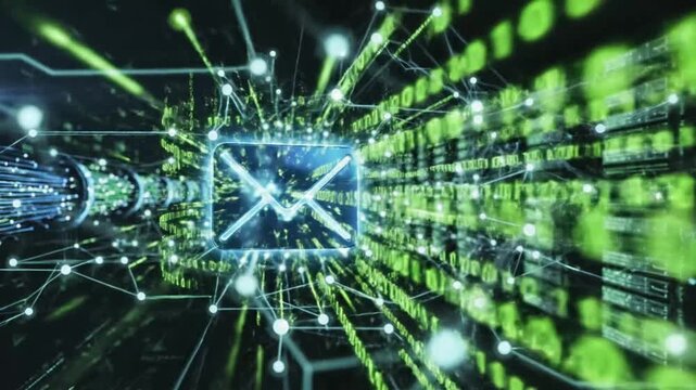 Digital mail processing in a futuristic data environment showing code and email symbol in action