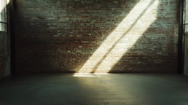 Spacious industrial loft interior featuring a rugged brick wall and concrete floor, illuminated by bright sunbeams creating a dramatic play of light and shadow filtering through the windows