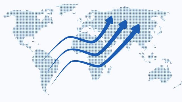 Three arrows rising over world map animation, Stylized world map silhouette in dark tones with three upward arrows forming wavy paths