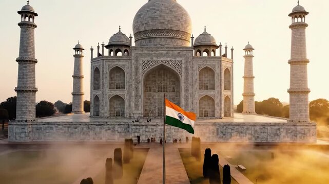 Taj Mahal Indian national flag waving at sunrise, cinematic aerial view with mist and golden light