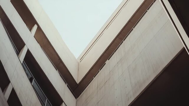 Concrete building featuring strong geometric lines and raw textures, forming an abstract composition highlighting urban design and minimalist aesthetics under a clear sky