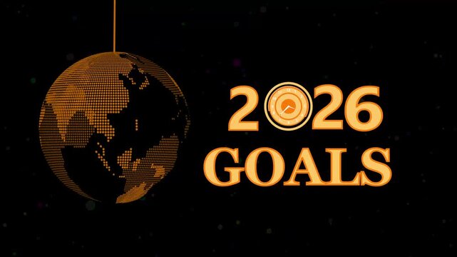 2026 goals golden globe ornament animation, Golden dotted globe ornament hanging beside bold 2026 goals text animated