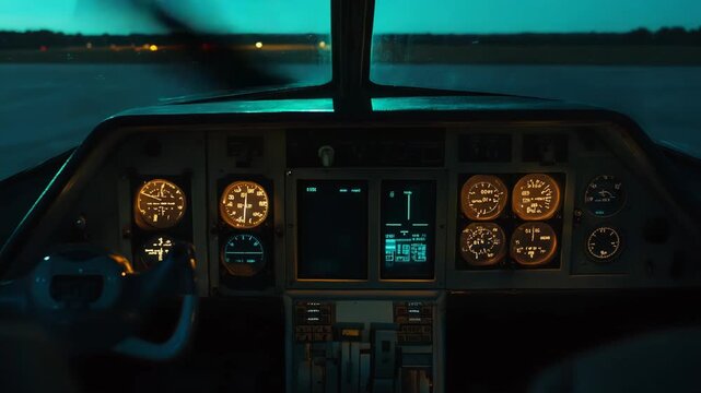 Aircraft cockpit dashboard with glowing instruments displaying critical flight information during a nighttime journey, emphasizing aviation technology, journey, and precision