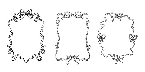 Hand-drawn wavy coquette frames set, trendy modern vintage whimsical edgings elements, elegant border design stamps. Isolated.