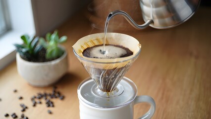 Obraz premium Artisan coffee brewed using a paper filter, captured in close-up with warm light highlighting craftsmanship and slow brewing rite.