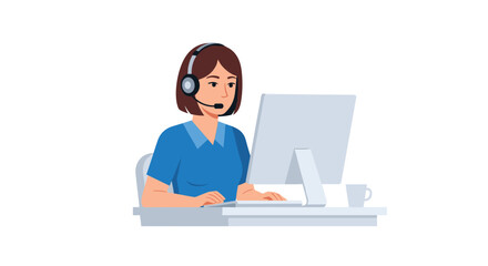 A young female customer service agent wearing a blue shirt and headset working on a desktop computer.