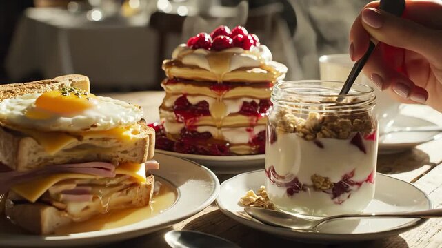 Breakfast scene with stacked pancakes yogurt parfait and coffee cup