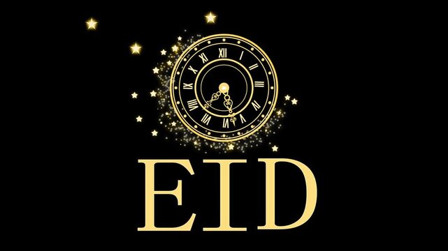 Eid clock logo animation, Clock face with roman numerals and decorative hands above large gold letters EID