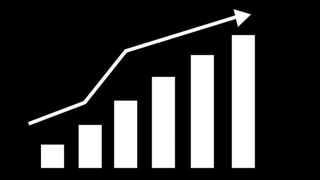Upward trending bar chart with arrow animation, Trending bar chart with arrow on black background, five ascending bars and a line with arrow showing growth
