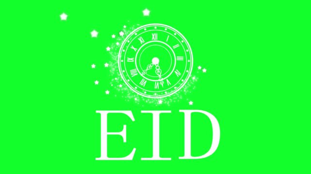 Eid clock logo animation, Clock face with roman numerals and decorative hands above large gold letters EID