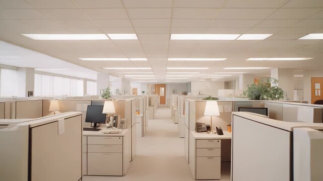 Empty corporate office with numerous cubicles, individual desks, computers, telephones, and personal lamps, creating an environment of quiet productivity and structured workflow