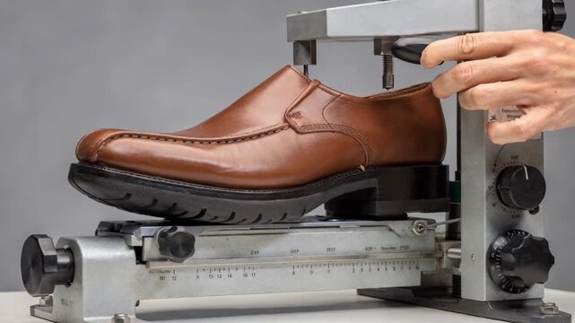 Medium shot featuring a mechanical puller securing wide fit uppers over lasts emphasizing comfort design and the careful adjustment for roomy footwear styles.