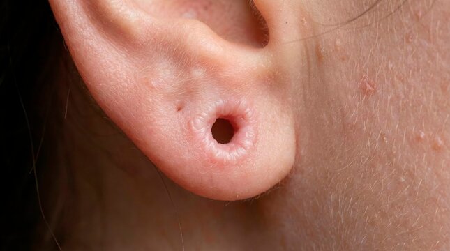 Close-up of a stretched earlobe piercing