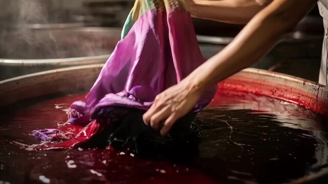 Medium shot capturing luxurious silk fabric immersed in rich dye vats highlighting the delicate handling and precise color blending of custom batches for bespoke textile projects.