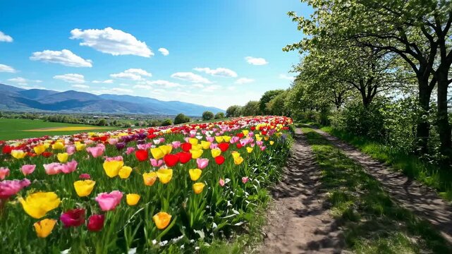 Vibrant spring colors explode across a massive tulip field next to a rustic dirt path. Ideal footage for gardening, tourism, and seasonal promotions.