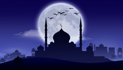 Islamic City Silhouette with Giant Full Moon - Ramadan Night Background with Mosque and Flying Birds