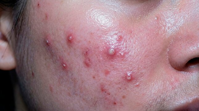 Close-up of a young person's skin with acne and blemishes