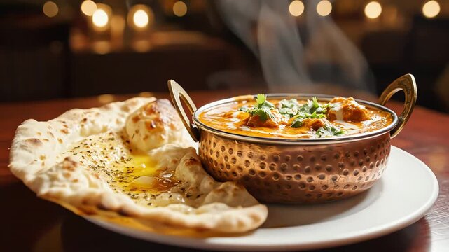 Close up of a flavorful dish with bread on a plate with warm lighting