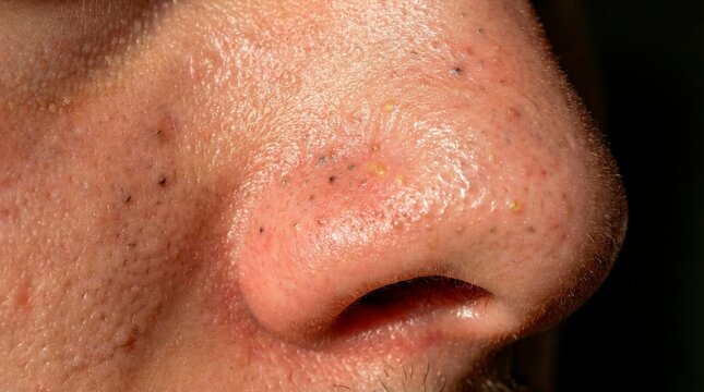 Extreme close-up of human nose with visible pores and blackh