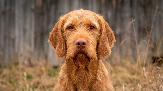 Wirehaired dog in front of a wooden fence
