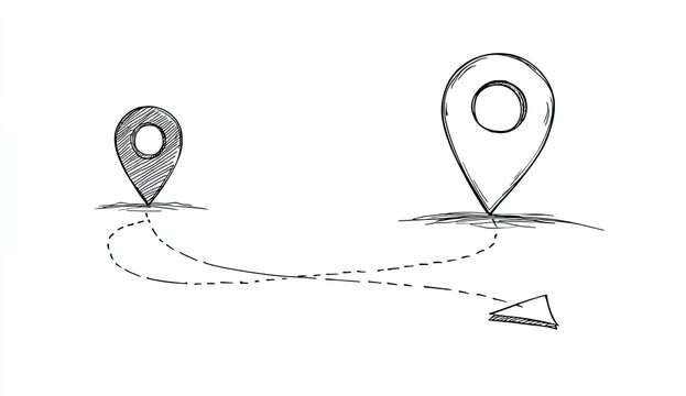 Hand-drawn map markers on a plain background, connected by a dashed line