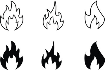 A set of six flame icons in black and white