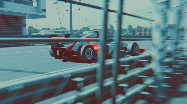 Formula 1 race car speeding on track with motion blur effect