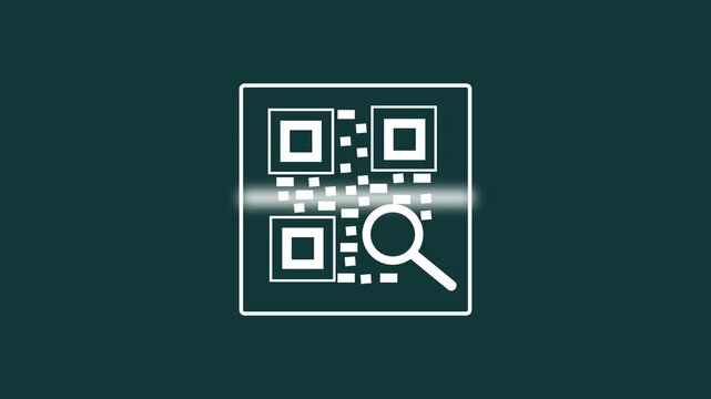 Animated White Outline QR Code Icon with Magnifying Glass and Scan Line on Dark Background