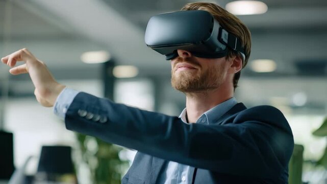 Medium shot of a new hire interacting with an onboarding VR program for immersive company introduction and compliance training