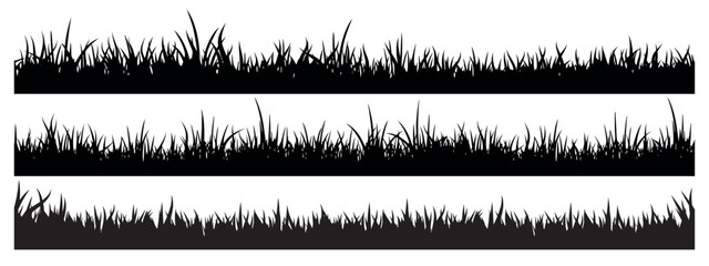 Naklejka premium Set of horizontal black grass silhouette borders in line art style for nature landscape design, isolated on white background, vector illustration