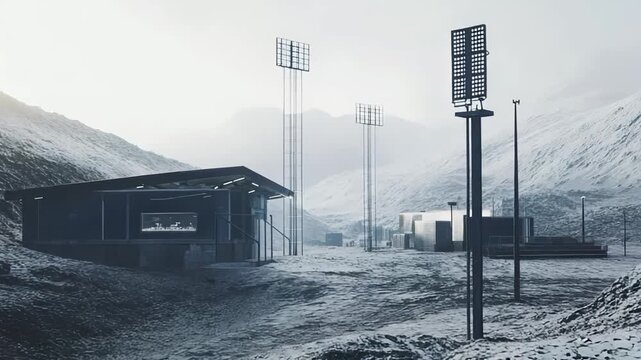 Modern scientific outpost in a snowbound, mountainous landscape, showcasing advanced renewable technology and human ingenuity in remote, extreme conditions for exploration and survival