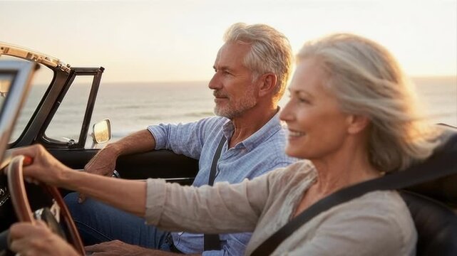  Senior couple riding in a convertible car by the ocean at sunset. Gray haired woman driving and older man passenger. Coastal road trip and summer vacation.