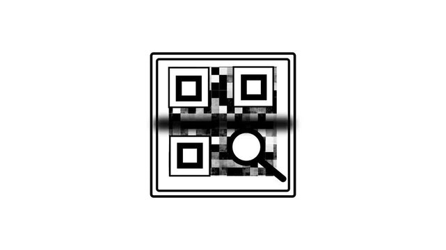Animated Black and White QR Code Icon with Magnifying Glass and Blurred Scan Line on White Background