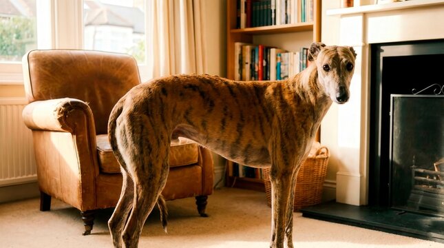 Greyhound dog standing indoors by a chair and fireplace