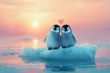 Two Cute Penguins In Love On Ice Floe
