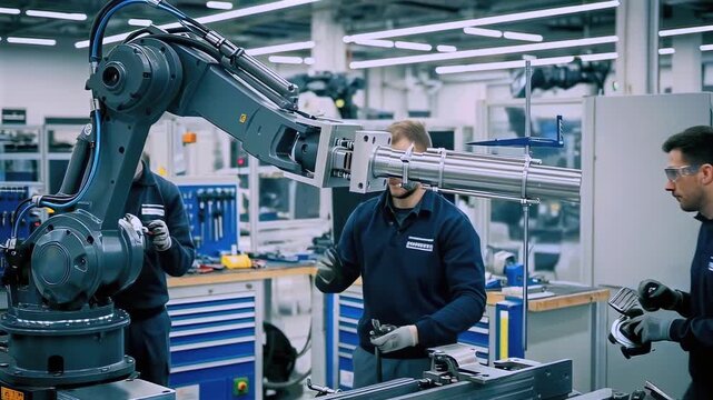 Robot arm setup process details, Configuring robotic parts for seamless operation, Integrating and calibrating robotic arm elements for efficient production line performance