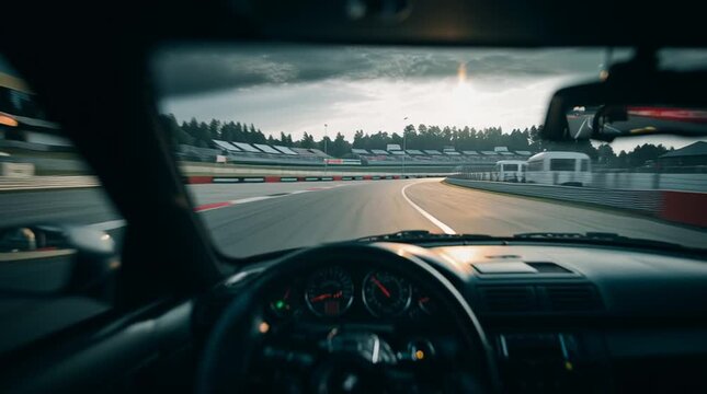 Pov driving fast on a race track with motion blur, view from inside car