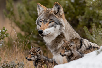Fototapeta premium Wolf pack instructs their pups on hunting techniques in the wilderness