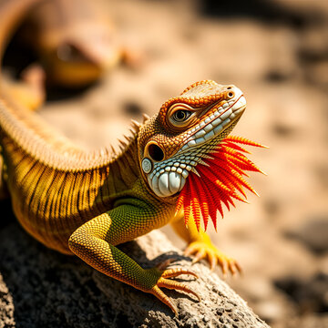Striking agama lizard displaying its vibrant dewlap in natural sunlight