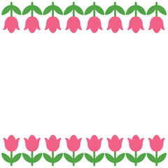 A border of pink tulips with green stems and leaves frames a white space