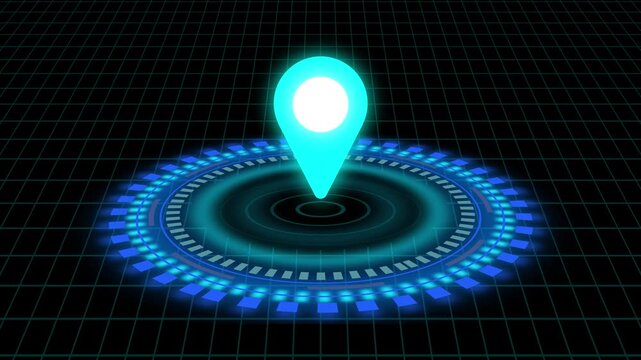 Glowing location pin icon on a futuristic digital platform with a grid animated background map marker