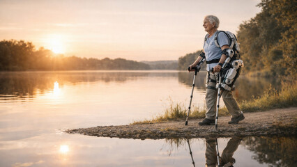 Obraz premium Elderly exoskeleton suit enhancing mobility riverside park photography natural setting side view technology innovation